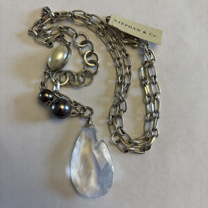 Stephan & Co. Silver Tone Faux Pearl & Faceted Teardrop Pendant Necklace NWT